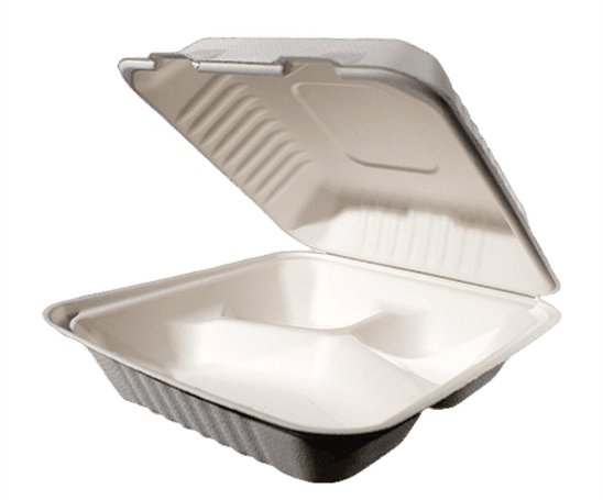Bagasse - Sugarcane Hinged Clamshell 9"x9"x3" 3-Compartment